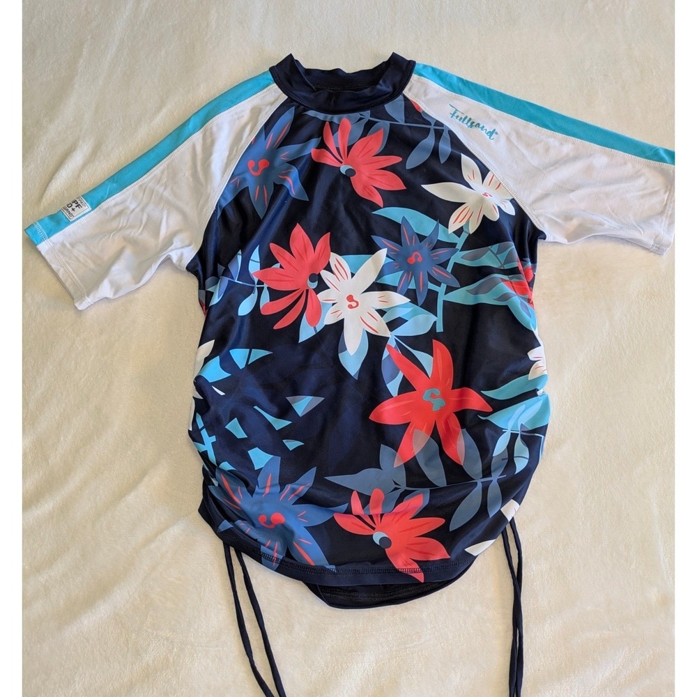 Fullsand Rash Guard Swim Top UPF 50+ Size Large Floral Short Sleeve‎ Ruched Tied
